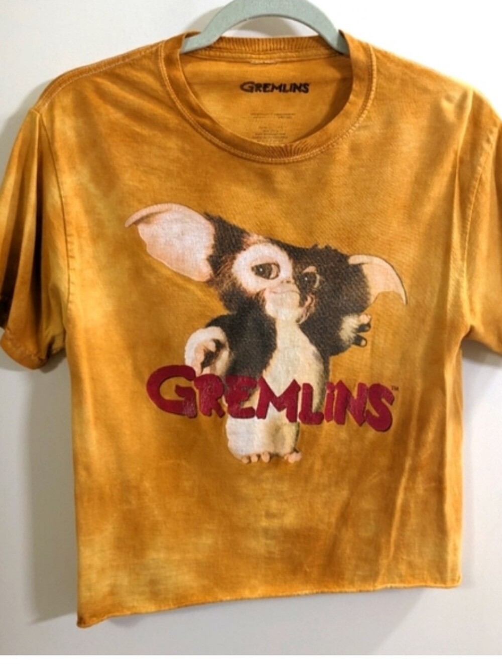 Y2K Mustard Yellow Tie Dye Gremlins Gizmo Graphic Short Sleeve Crop Top - S